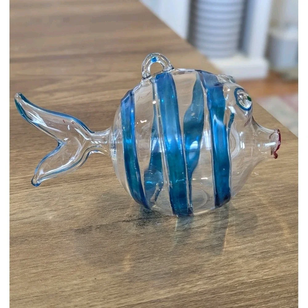 Coastal Grandmillennial Hand Blown Blue Glass‎ Fish Ornament Nautical